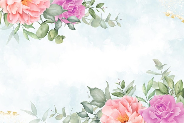 Vector elegant watercolor floral background design with hand drawn peony and leaves