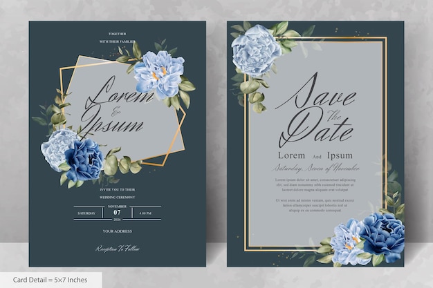 elegant watercolor floral frame wedding stationery with navy blue flower and leaves
