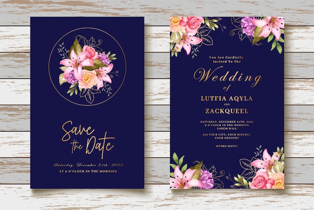 Insieme di carta elegante dell'acquerello floreale matrimonio invito