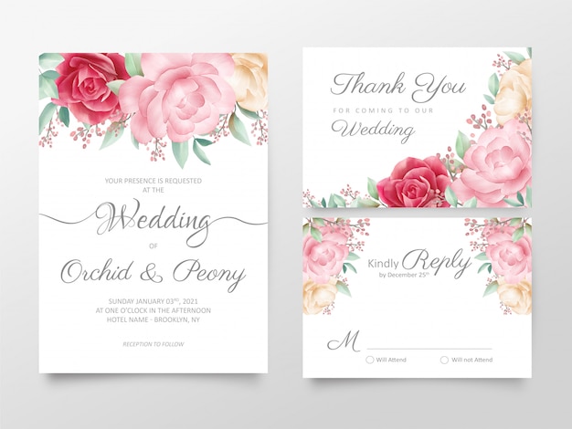 Elegant watercolor floral wedding invitation cards template set