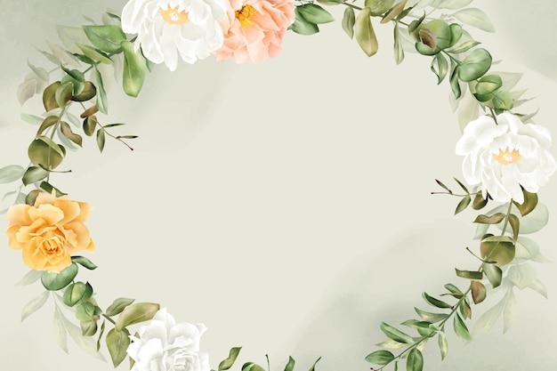 手描きの牡丹と葉を持つエレガントな水彩画の花の花輪の背景デザイン
