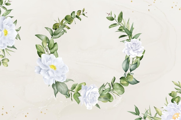 Elegante sfondo ad acquerello con corona floreale con peonia e foglie disegnate a mano