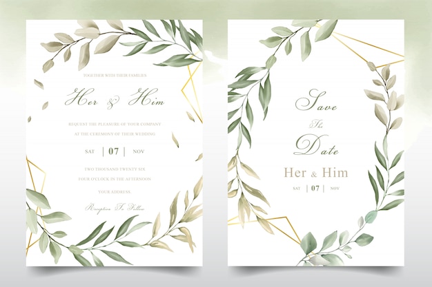 Elegant watercolor foliage wedding invitation template card