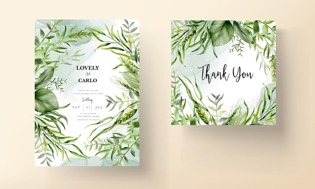 エレガントな水彩画の緑の草と葉の結婚式の招待カードセットテンプレート