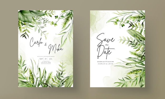 Elegante acquerello verde erba e foglie modello di set di carte invito a nozze