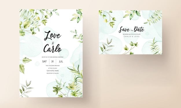 Elegant watercolor greenery leaves wedding invitation card