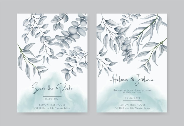 Elegant watercolor leaves frame for wedding invitation card template