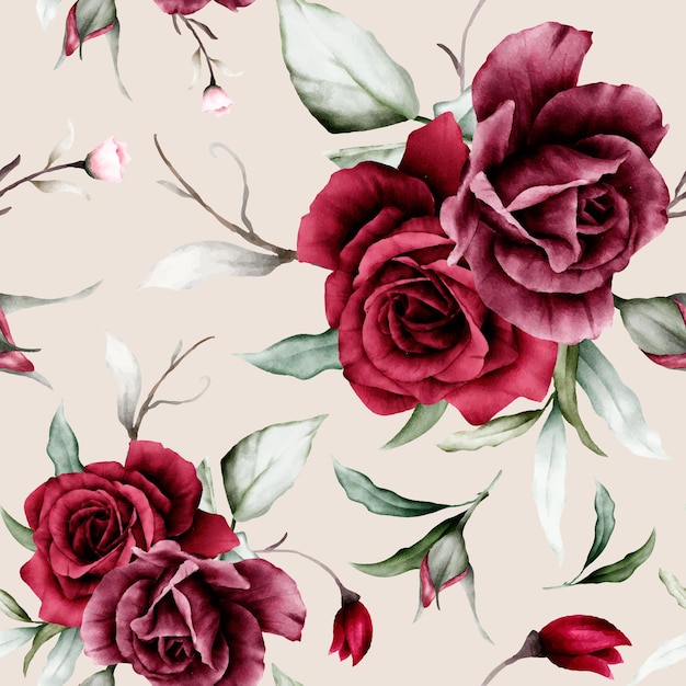 elegant watercolor maroon roses flower seamless pattern