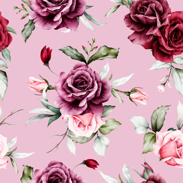 elegant watercolor maroon roses flower seamless pattern