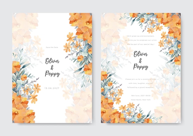 Elegant watercolor orange daisy floral wedding invitation card set Beautiful invitation card