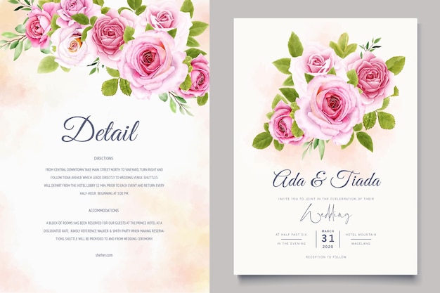 Elegante set di carte di nozze con rose ad acquerello