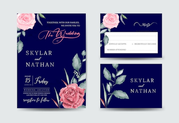 Elegant watercolor rustic rose navy blue wedding cards template