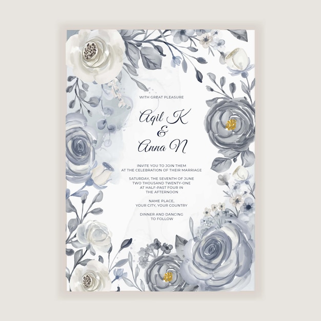 Elegant watercolor wedding card with navy blue and white flowers