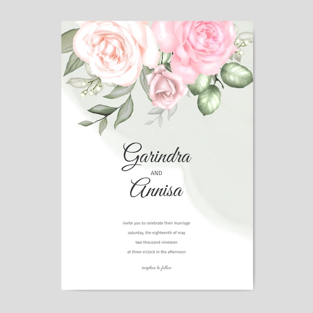 Progettazione elegante del modello della carta dell'invito di nozze dell'acquerello con le rose e le foglie
