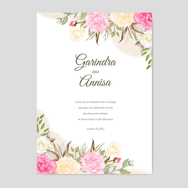 Elegant watercolor wedding invitation card template design with roses and leaves