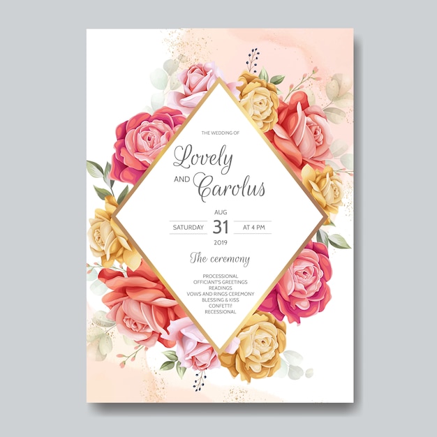 Elegant watercolor wedding invitation card template set with beautiful floral and leaves