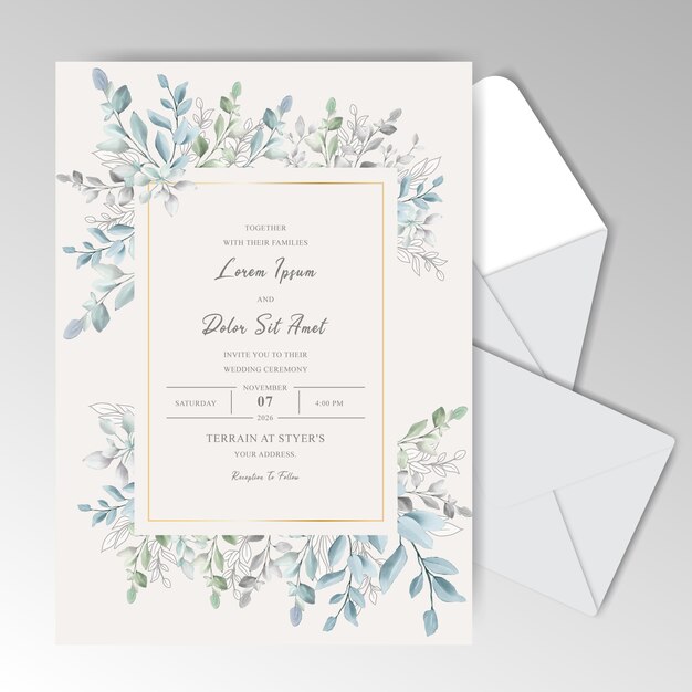 Elegant watercolor wedding invitation card with beautiful leaves