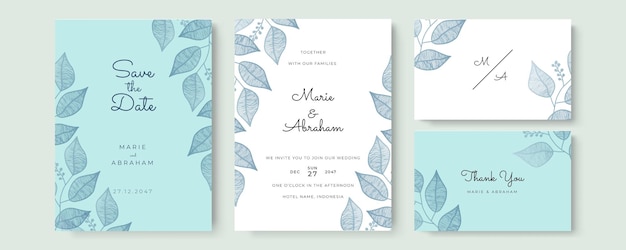 elegant watercolor wedding invitation card with blue leaves