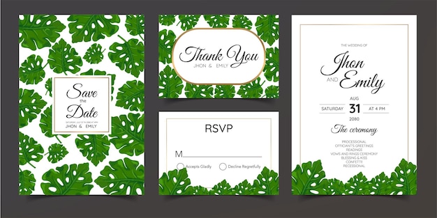 緑の葉とエレガントな水彩画の結婚式の招待カード