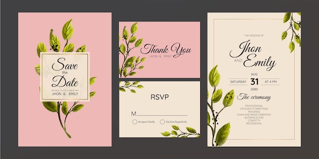 Elegant watercolor wedding invitation card with greenery leaves