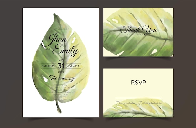 Elegant watercolor wedding invitation card with greenery leaves