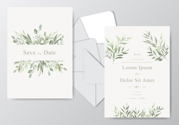 Elegant watercolor wedding invitation cards with beautiful leaves