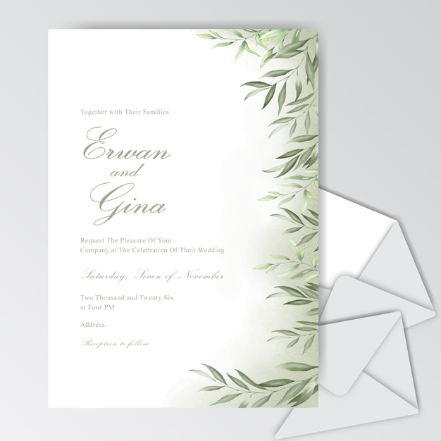 Elegant watercolor wedding invitation cards with beautiful leaves