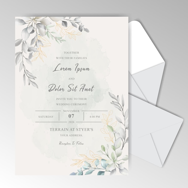 Elegant watercolor wedding invitation cards with beautiful leaves