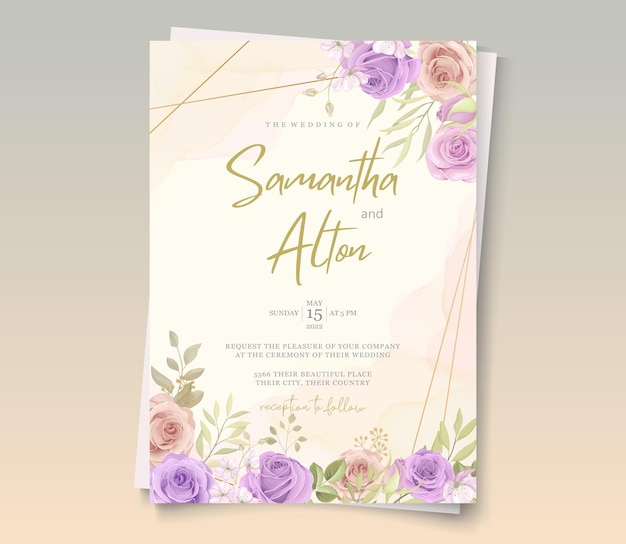 Elegant wedding card design with pink and purple roses ornaments