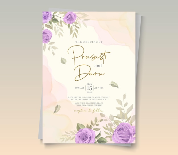 Elegant wedding card design with purple roses ornaments