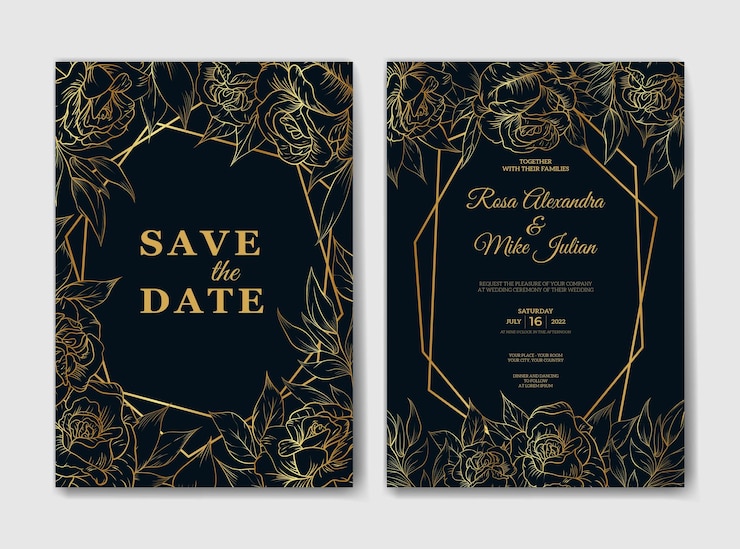 Elegant Wedding Card Greeting Card Invitation With Outline Flower Template