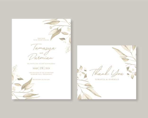 Elegant wedding card invitation template with watercolor leaves