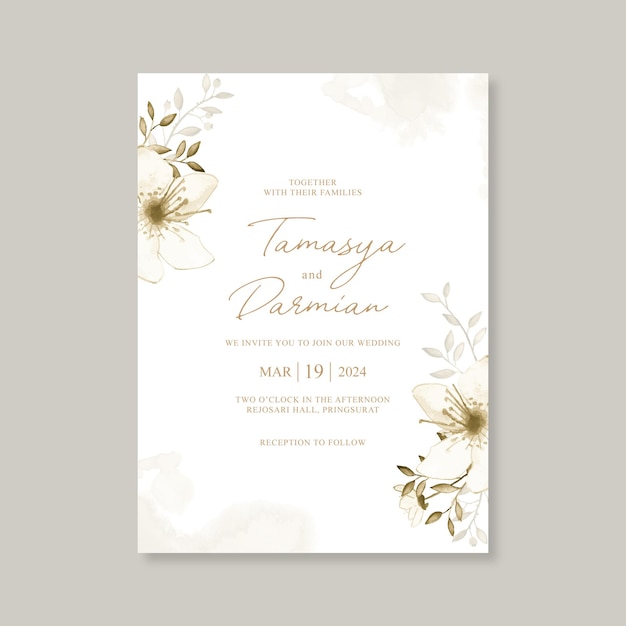 Elegant wedding card invitation with hand drawn floral watercolor