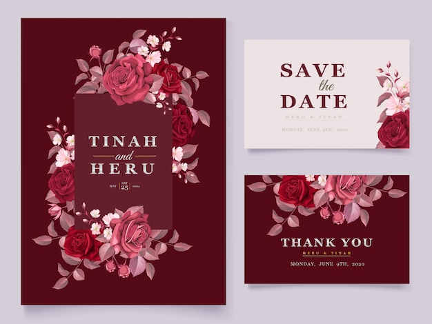 Vector elegant wedding card template set with maroon floral and leaves