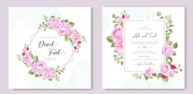 Elegant wedding card template with beautiful roses wreath