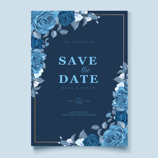 Vector elegant wedding card template with cleassic blue floral and leaves