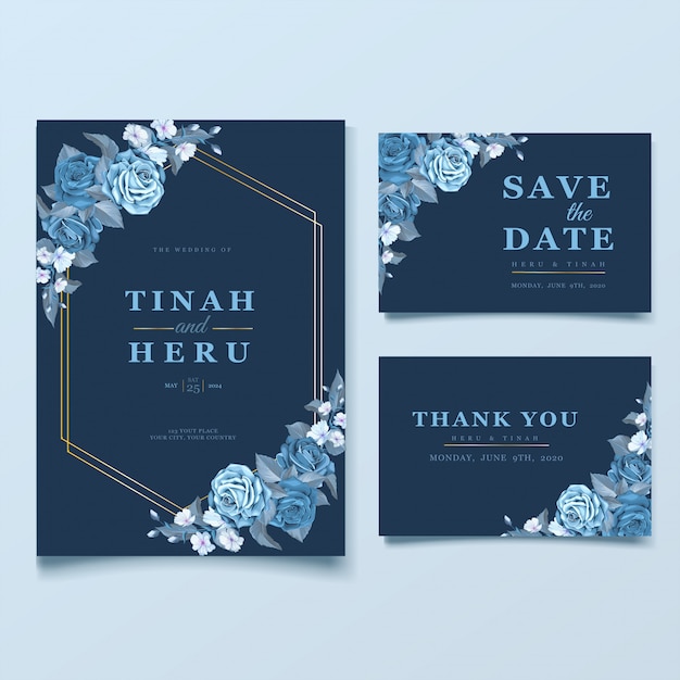 Vector elegant wedding card template with cleassic blue floral and leaves