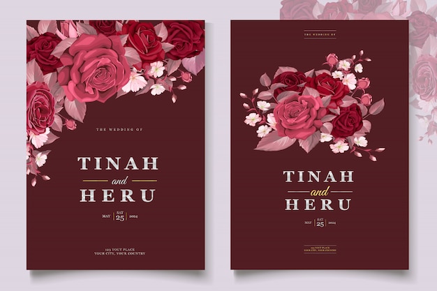 Vector elegant wedding card template with maroon floral and leaves