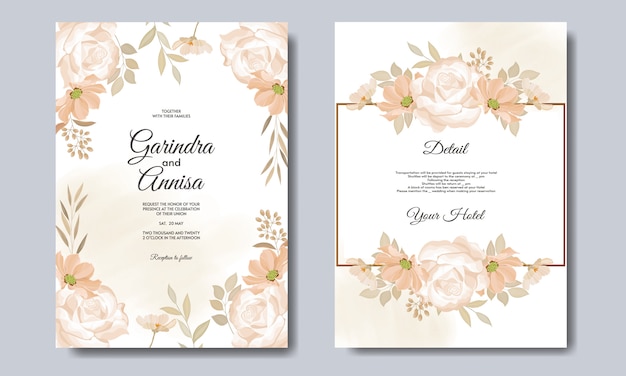 Partecipazione di nozze elegante con bellissimo modello floreale e foglie premium vector