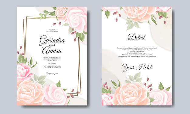 Elegant wedding card with beautiful floral and leaves template premium vector