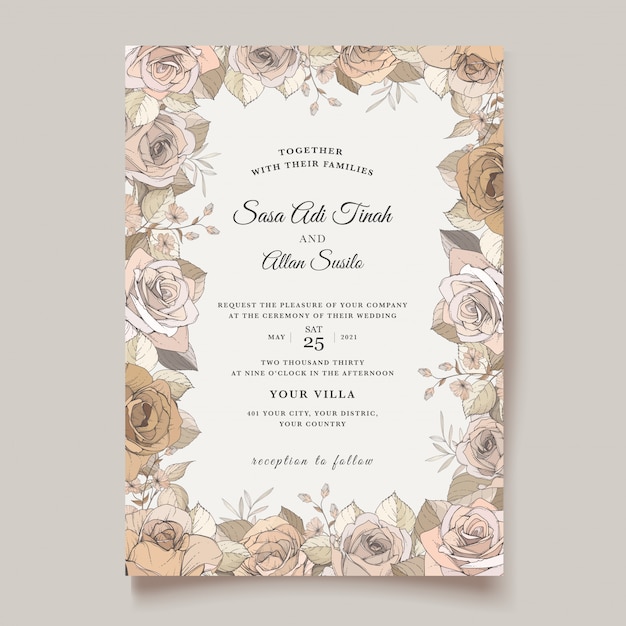 Elegant wedding card with beautiful floral and leaves template