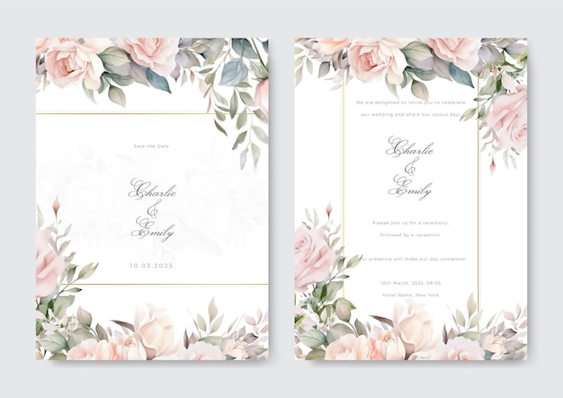 Vector elegant wedding card with beautiful floral and leaves template