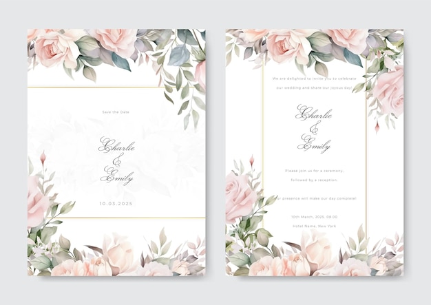 Elegant wedding card with beautiful floral and leaves template