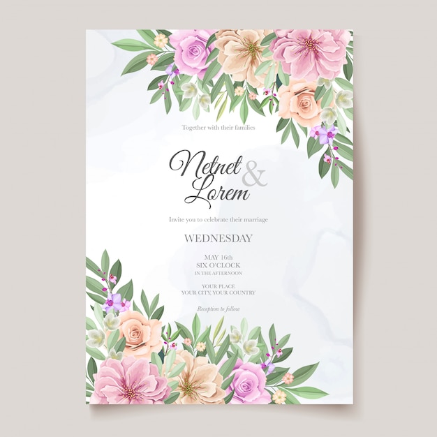 elegant wedding card with beautiful floral and leaves template