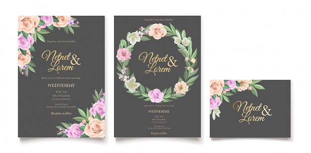 elegant wedding card with beautiful floral and leaves template