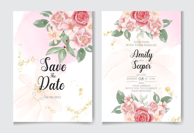 Elegant wedding card with beautiful floral and leaves template