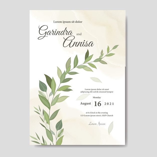 elegant wedding card with beautiful leaves template premium vector