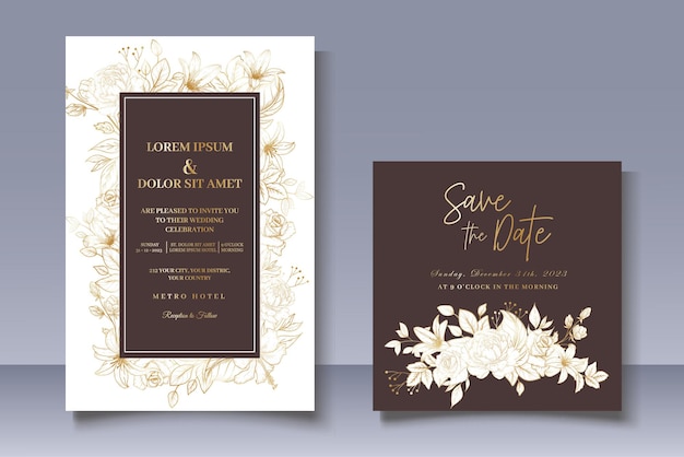 elegant wedding card with golden floral decoration