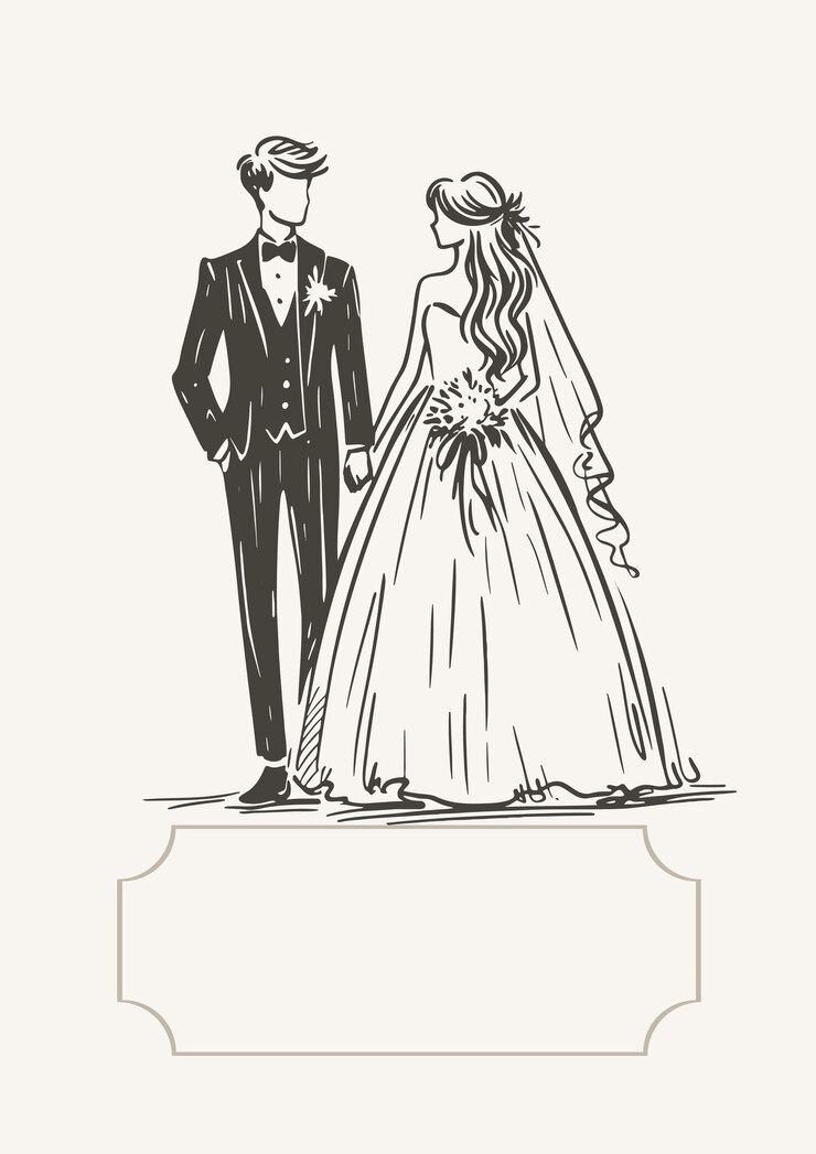 Elegant wedding card with a simple black vector illustration of newlyweds on a soft background