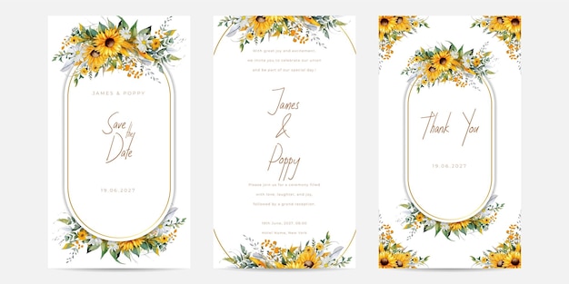 Elegant wedding card with yellow sunflower floral and leaves template Watercolor